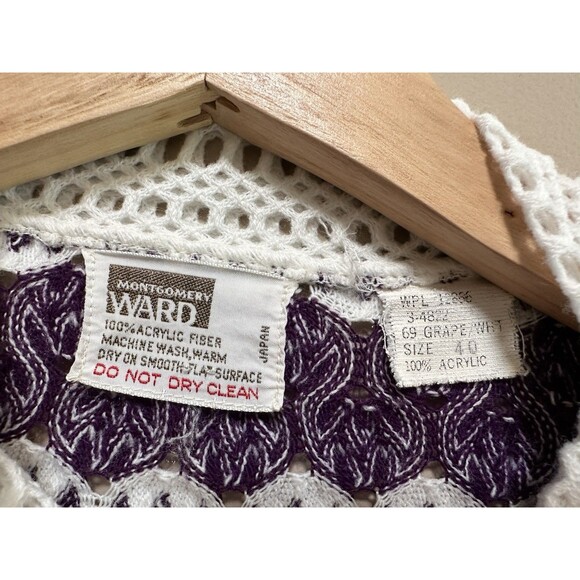 Vtg Montgomery Ward 70s Cardigan Sweater Purple Crochet Womens Sz 40 Grandmacore - Picture 3 of 6